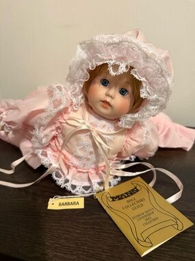 Porcelain Baby Doll "Barbara" in Pink Lace Outfit. New with Tags